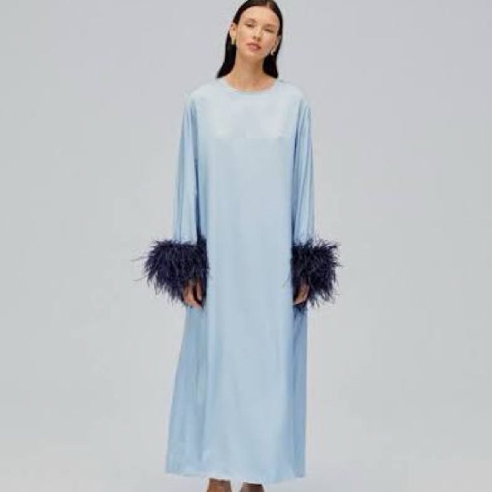 Sleeper Light Blue Long Sleeve Maxi Dress with Navy Feather Cuffs